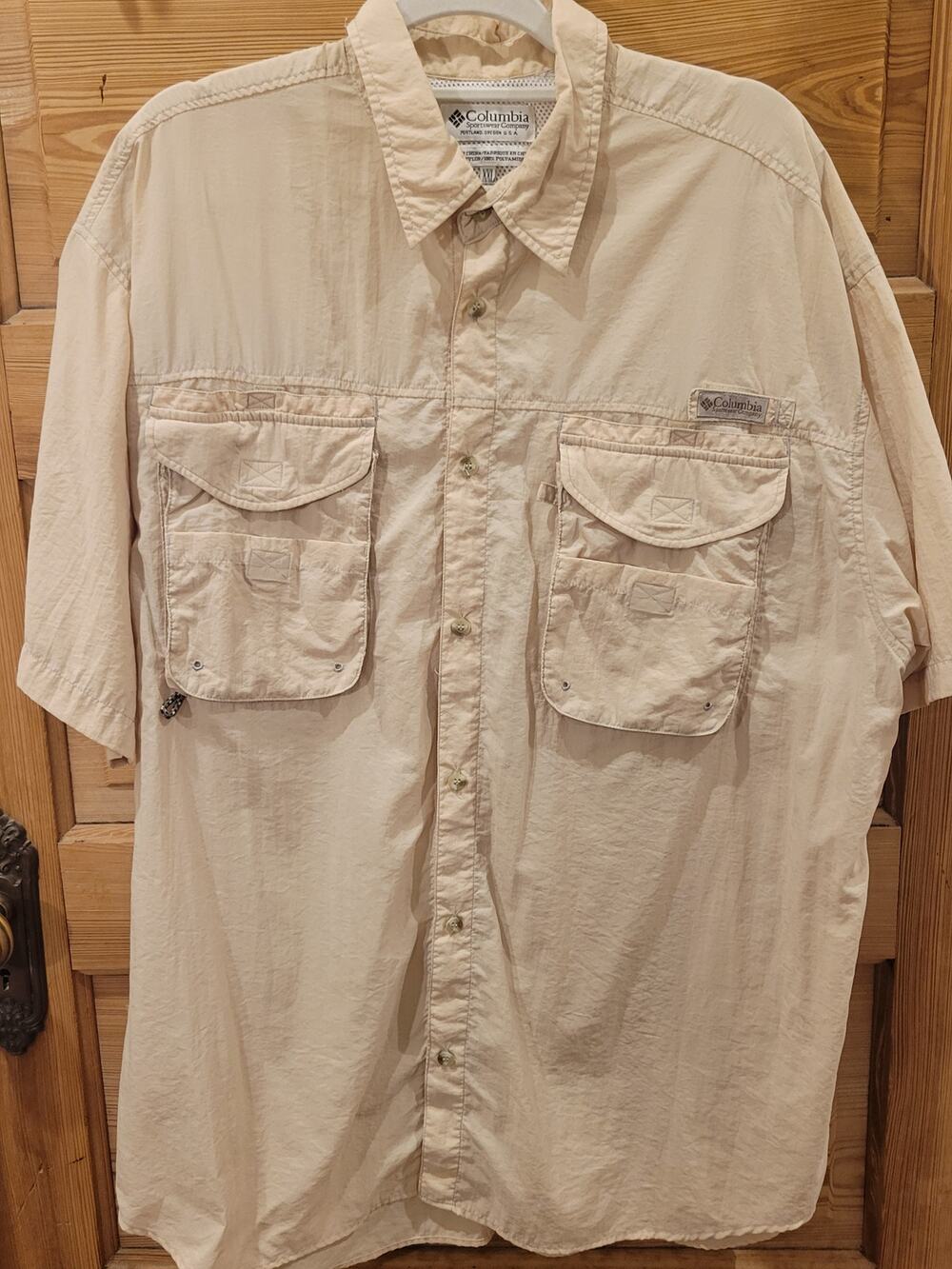 Columbia PFG Mens XXL Beige Short Sleeve Fishing Shirt Vented Utility Sun Top